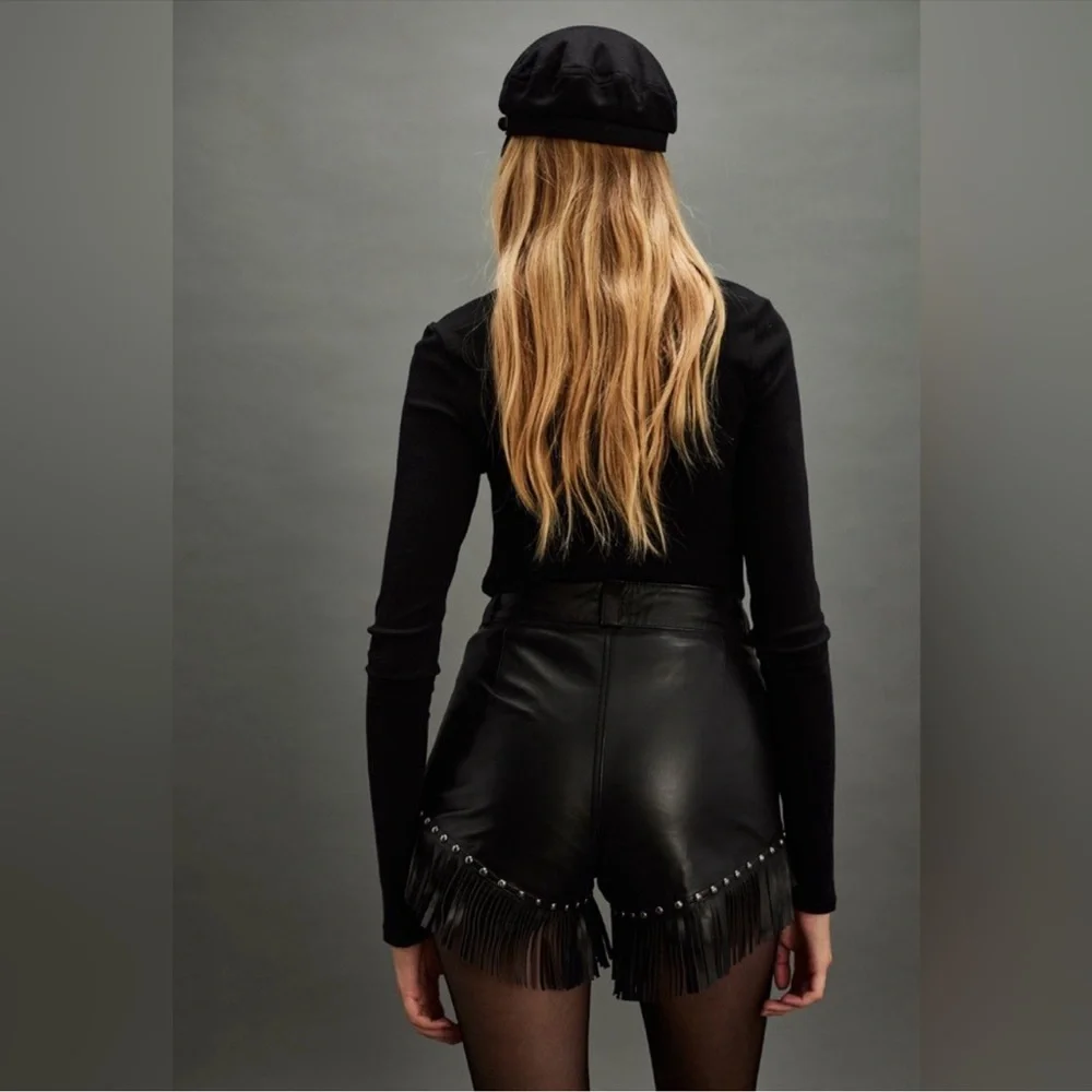 Black High Waist Studded Fringe Shorts - Picture 2 of 5